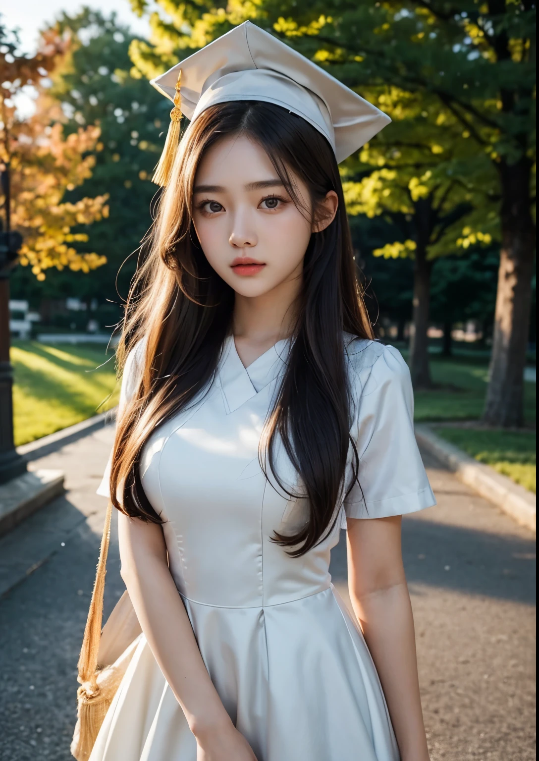 a beautiful 18 year old korean girl in a university costume with an above knee length dress, graduation taking costume, graduation cap, detailed face and eyes,flawless skin,long hair,elegant pose,beautiful detailed dress with intricate patterns,outdoor campus setting,golden hour lighting,vibrant colors,cinematic lighting,epic scale,highly detailed,photorealistic,masterpiece