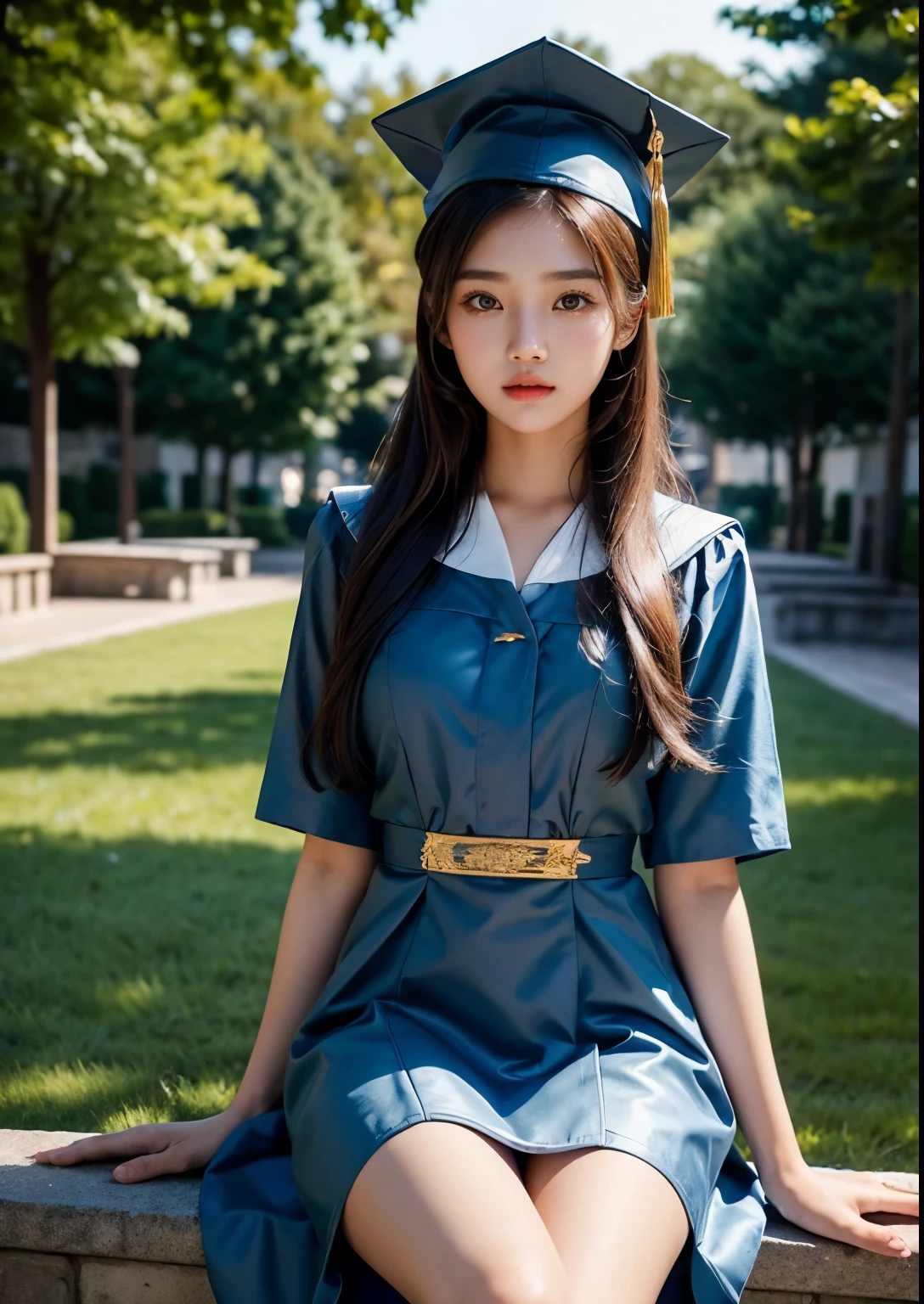 a beautiful 18 year old korean girl in a university costume with an above knee length dress, graduation taking costume, graduation cap, detailed face and eyes,flawless skin,long hair,elegant pose,beautiful detailed dress with intricate patterns,outdoor campus setting,golden hour lighting,vibrant colors,cinematic lighting,epic scale,highly detailed,photorealistic,masterpiece