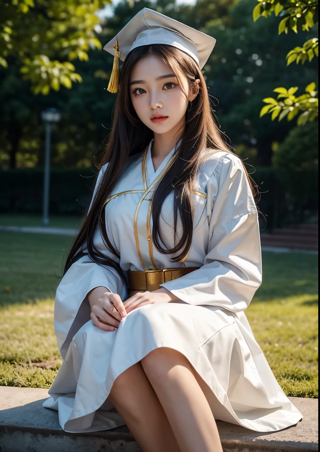 a beautiful 18 year old korean girl in a university costume with an above knee length dress, graduation taking costume, graduation cap, detailed face and eyes,flawless skin,long hair,elegant pose,beautiful detailed dress with intricate patterns,outdoor campus setting,golden hour lighting,vibrant colors,cinematic lighting,epic scale,highly detailed,photorealistic,masterpiece
