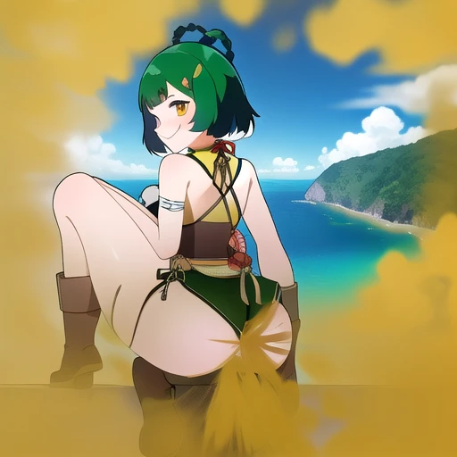 ((masterpiece)),(highest quality),Official Art,Highly detailed CG,unity 8k wallpaper,Super detailed,A lighthouse upon a cliff by the sea,One girl,alone,Upper Body,(Portraiture:1.2),View Viewer,Fingerless_gloves,green_hair,bandage_upon_foot,smile,bandage_upon_knees,China語_Clothes,Braiding,yellow_eye,hair_ornament,boots,short_hair,small_chest,China_dress,No sleeve,hair_ring,hairclip,Bell,From the back,just_shoulder,前hair,black_gloves,Women stink,fart,Turn your buttocks here