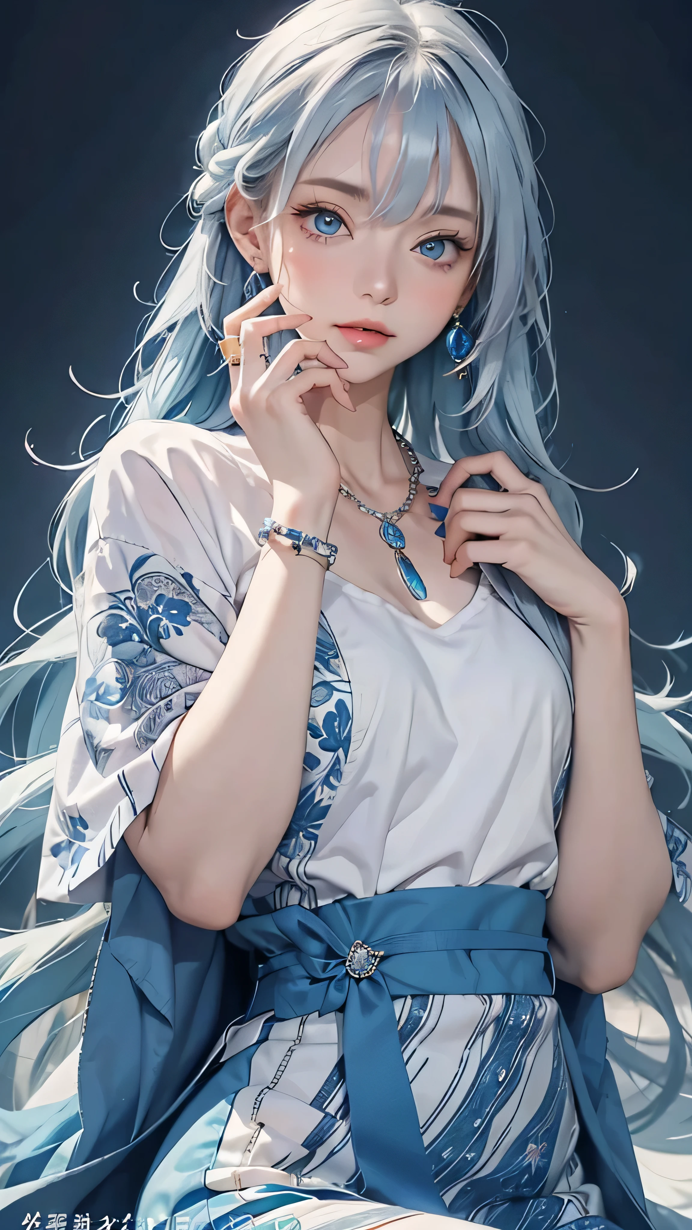 1 Girl, blue eyes, Blue nails, Solitary, Blue Hair, Jewelry, gem, Put your hands on your face, Necklace, looking at the audience, blue theme, long hair, Nail polish, white hair, blue gemstone, Bangs, eyelash, water, Hair covering one eye, Open your mouth, blue Necklace, water crystal, Put your hand on your cheek, hy style, beautiful eyes