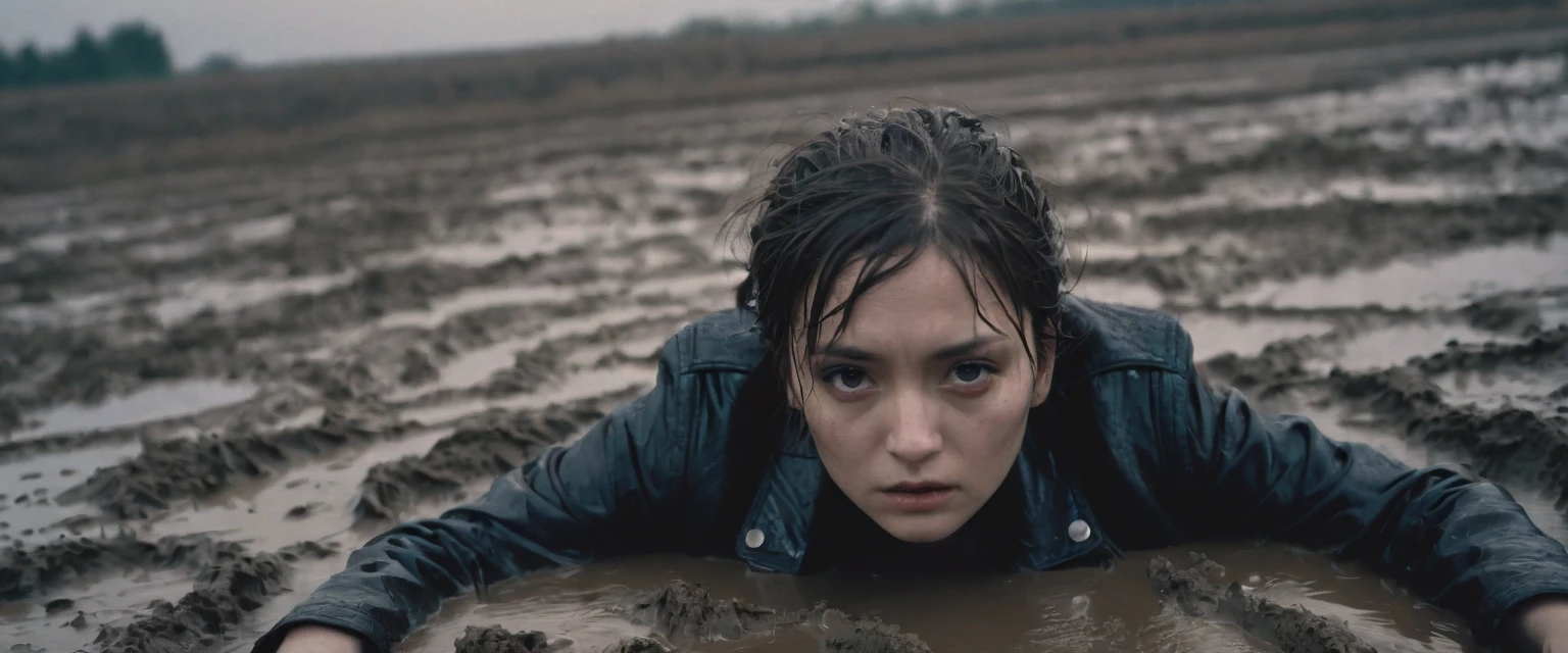 8k, ultra-detailed, from afar view:1.3, landscape:1.3, documentary drama photo, grainy film photo, masterpiece,muted colors, muffled light, dusk, rainy, moody, noir, drowning,  woman messy (small head) completely drown in mud hole, shame expression, messy hair, from above view, faded leather jacket,,