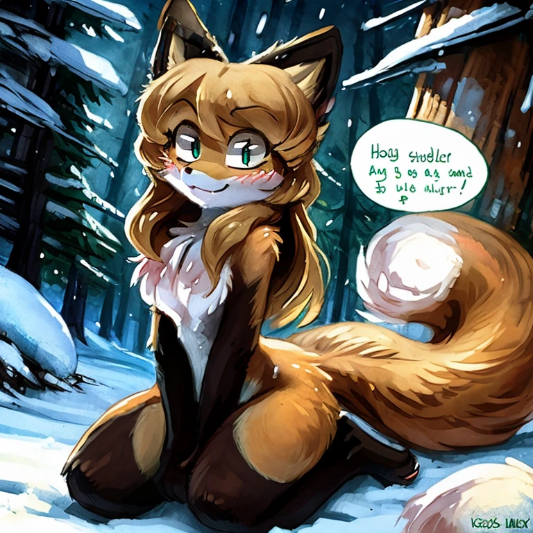 uploaded the e621, beautiful and detailed, woman (((female))) ((anthro)) Fox, (Averi, Fox girl), cinematic lighting, Fox, (anthro, fluffy fur), anthro fox girl, body fur, curvy, sexy, nice, cute, hot, comfortable anime-style cartoon-style, digital drawing, SFW, flat chest, chest fluff, blushing, green eyes, sassy, sassy hips, cute friendly smile, snow, forest, wet fur, heart, hearts, speech bubble, looking at viewer, close up, hugging viewer, petting, nuzzling viewer, on knees, two girls, Ross Tran, ruan jia, by Kenket