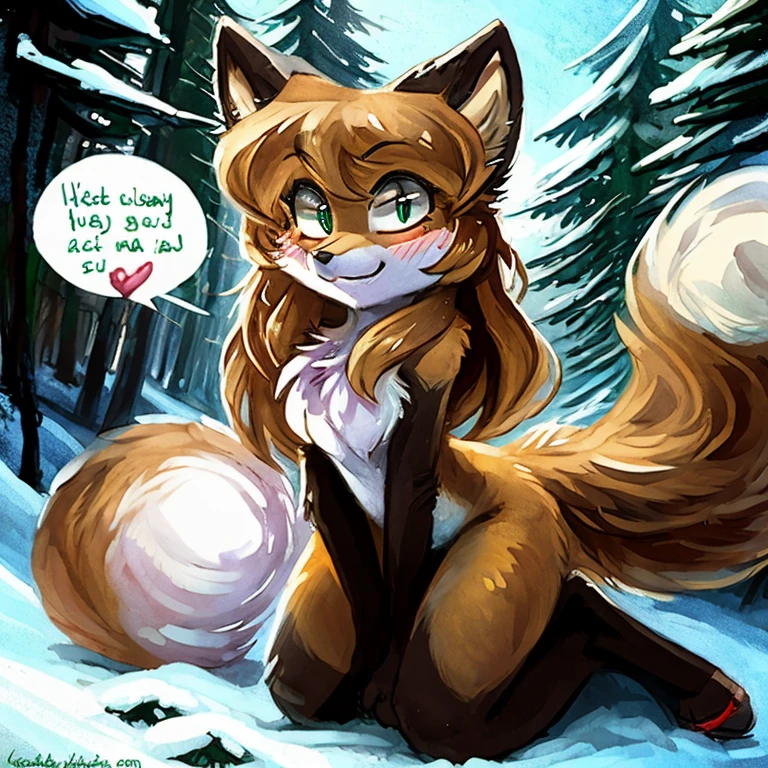 uploaded the e621, beautiful and detailed, woman (((female))) ((anthro)) Fox, (Averi, Fox girl), cinematic lighting, Fox, (anthro, fluffy fur), anthro fox girl, body fur, curvy, sexy, nice, cute, hot, comfortable anime-style cartoon-style, digital drawing, SFW, flat chest, chest fluff, blushing, green eyes, sassy, sassy hips, cute friendly smile, snow, forest, wet fur, heart, hearts, speech bubble, looking at viewer, close up, hugging viewer, petting, nuzzling viewer, on knees, two girls, Ross Tran, ruan jia, by Kenket