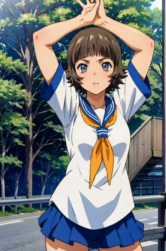 (masterpiece:1.3),(highest quality:1.4),(Super detailed:1.5),8K,High resolution,an extremely delicate and beautiful,Official Art,Perfect Anatomy,(anime_screencap:1.11),(90s Anime,90s Anime style,Cel-shaded anime:1.17),
anime coloring,detailed face and eyes, (solo:1.5),(anmnr:1.1),((ekitokuwz:1.52)),(school uniform:1.3),serafuku,short brown hair, pleated skirt, blue skirt, brown eyes, yellow neckerchief, short sleeves, japanese architecture,
Stretch your arms out and embrace,Cowboy Shot, Outdoor,on the road,