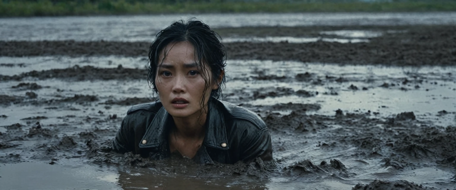 8k, ultra-detailed, from afar view:1.5, documentary drama photo, grainy film photo, masterpiece,muted colors, muffled light, dusk, rainy, moody, noir, drowning,  woman messy (small head) completely drown in mud hole, shame expression, messy brunette hair, depraved outfit,asian:0.5, from afar view, faded leather jacket,,