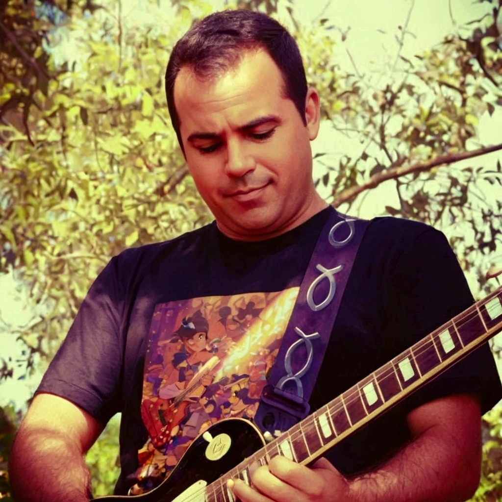 um homem como se fosse um personagem da disney tocando em concerto com uma grande plateia no fundo uma banda de rock no estilo disney pixar