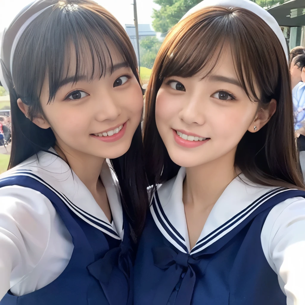 (8k, RAW photos, top quality, masterpiece: 1.2), ultra detail, super resolution, (realistic, actual photos: 1.37), (photorealistic: 1.6), eating lunch on the roof of the school. Amazing super resolution, highly detailed sailor suit, feminine delicate limbs, fantastic landscape, cute lunch box, Gakko rooftop, lunch break, fashionable school, futuristic city, futuristic school, future, future world, fantastic world, new world, high resolution RAW color photo, professional photo, very detailed and beautiful, (pointing at the camera), ( Real light, smile that you can see teeth, beautiful scenery mixed with light, very detailed sailor suit, surprisingly cute female proofreading, amazing cute smile, transcendent cute face, amazing details, red scarf, very detailed beautiful girls, different pattern face, one is a ponytail, modern cute schoolgirl, Very detailed face Very detailed eyes, very realistic skin, very detailed fingers, very detailed nose, very detailed mouth, perfect anatomy, very detailed sailor suit, very detailed background,after school,. full of smiles, long straight hair, (dull bangs: 1.2), Celebrity level cuteness, high school girl youth (pink eye shadow)