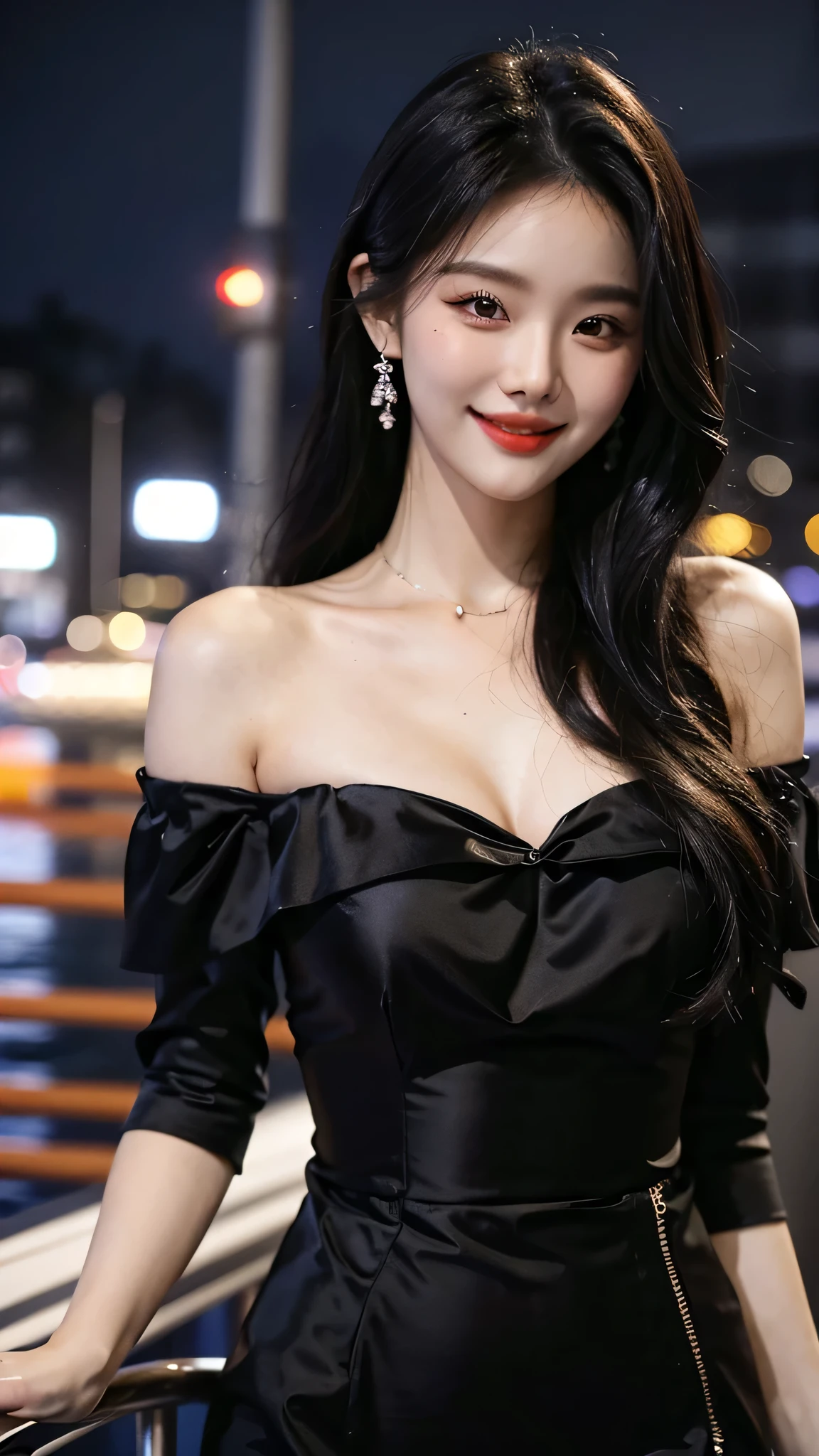 A sweet girl by the yatch，voluminous hair，Delicate face，Photorealsitic，of a real，largeaperture，wears a black dress，A cropped dress，Off-the-shoulder，A dress around the neck，Slim，smiles，Ultra-high resolution, Blurred background