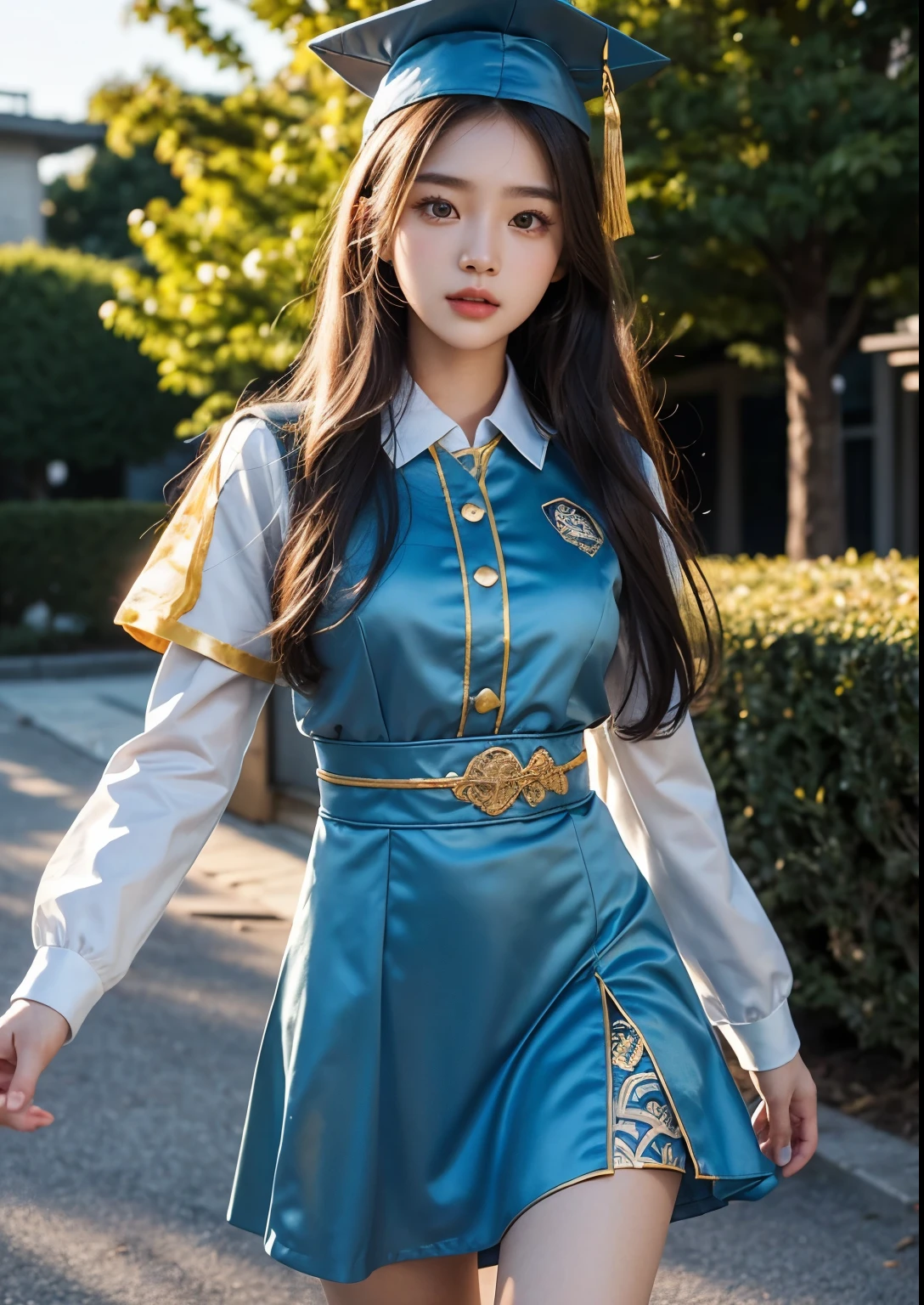 a beautiful 18 year old korean girl in a university costume with an above knee length dress, graduation taking costume, graduation cap, detailed face and eyes,flawless skin,long hair,elegant pose,beautiful detailed dress with intricate patterns,outdoor campus setting,golden hour lighting,vibrant colors,cinematic lighting,epic scale,highly detailed,photorealistic,masterpiece