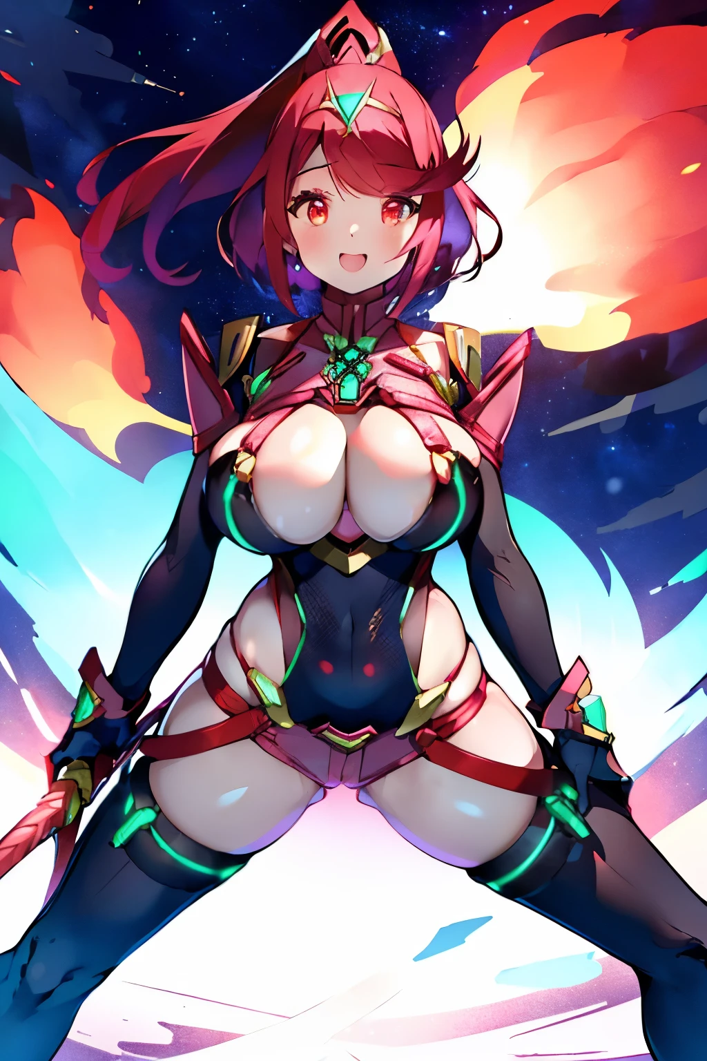 pyra \(xenoblade\), _1girl, , bangs, black gloves, breasts, red eyes, shout, earrings, eyelashes, fingerless gloves, floating hair, , gem, gloves, hair ornament, headpiece, jewelry, gigantic_breasts, leaning back, swimsuit, neon trim, official art, pose, red hair, saitou masatsugu, short hair, sidelocks, skin tight, solo, swept bangs, thighhighs, tiara, fantasy_town_background, underbust, xenoblade chronicles \(series\), (xenoblade chronicles 2), (spread_legs:1.1), fire_effect,dynamic_pose,fighting,light_smile, (plump:1.1), big_ass,huge_sword, hold_large_sword_hilt, covered_nipples, covered_pussy, fists,ponytail,beautiful_fingers,(solo:1.1), bare_shoulder,(shoulder_naked:1.2), nipple_jewel,back, back_view, focus_ass,ass, (very_short＿shorts:1.3),(lise_leg:1.4)