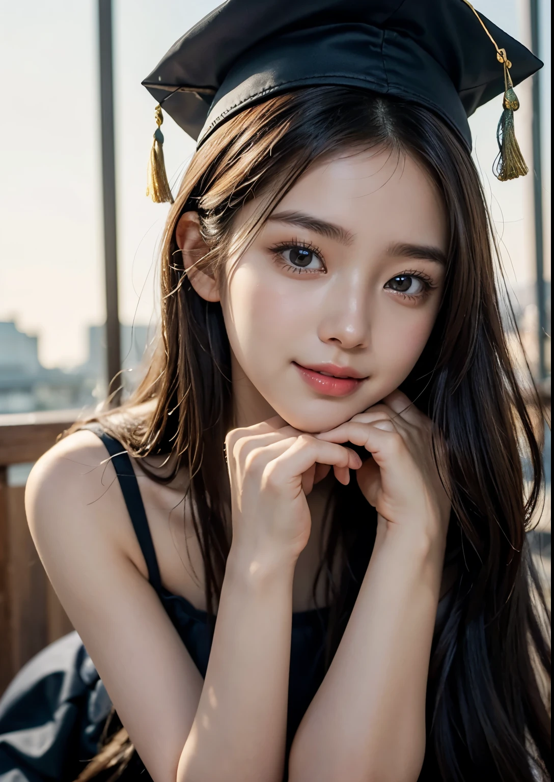 a beautiful 18 year old korean girl in a university costume with an above knee length dress, graduation taking costume, graduation cap, detailed face and eyes,flawless skin,long hair,elegant pose,beautiful detailed dress with intricate patterns,outdoor campus setting,golden hour lighting,vibrant colors,cinematic lighting,epic scale,highly detailed,photorealistic,masterpiece, beautiful face, realistic face, realistic skin, realistic smile, realistic atmosphere, every thing is realistic, cutest smile, realistic body, realistic body language, mouth watering beauty, upper body shot, cute face, stylish look, stylish angles, tempting eyes, realistic hands, realistic arms, realistic hand fingers, realistic legs