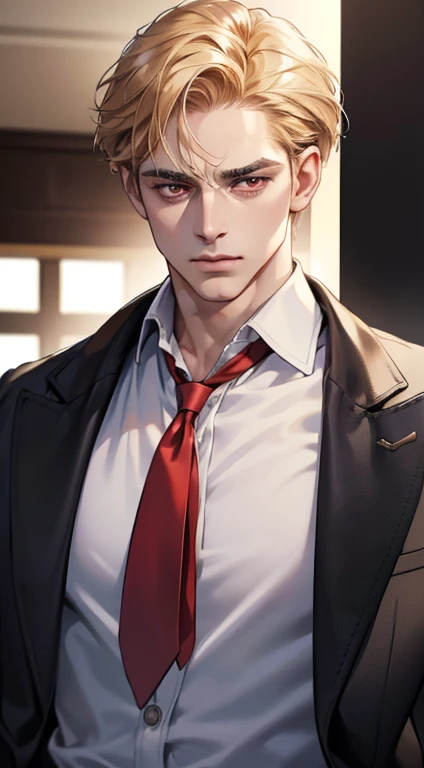 (best quality, masterpiece, 8K, photorealistic, cinematic lighting, 1:4 hdr image, ultra detailed, beautiful image), a mature man, 34 years very handsome, ((cold expression)), short golden hair, red eyes, face perfect without mistakes, ((buttoning his jacket, CEO))