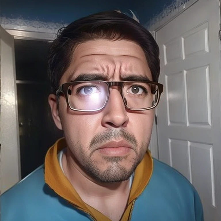 un hombre con gafas. Has an expression of surprise or curiosity, with wide eyes looking directly at the camera. Tiene el cabello oscuro y corto, con una ligera sombra de barba. El entorno no es claramente visible, pero parece estar en un lugar bien iluminado.