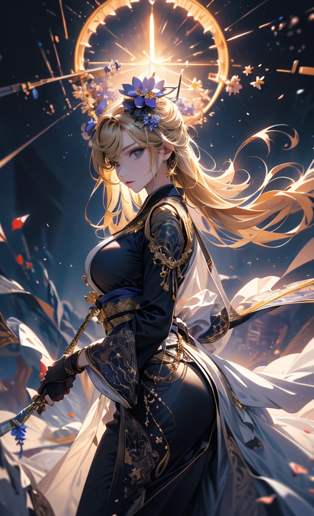 masterpiece, high quality, 4K, Beautiful design, silhouette，blonde，Side Tail， 非常に詳細な夜のStarry Sky,Flower Field， wonderful, Finer details,  Very knowledgeable woman, Highly detailed solo, 1 female,Beautiful Eyes，tears，Big Breasts，White sleeveless，rain，Night view，Starry Sky，full moon，