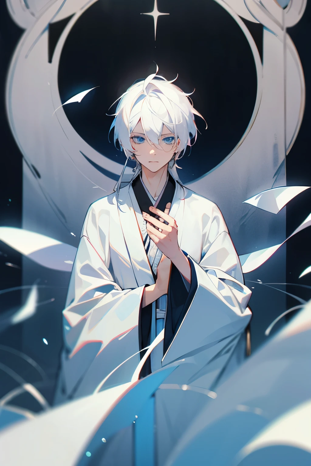 Male, white hair, blue eyes, 30 years old, ordained robe