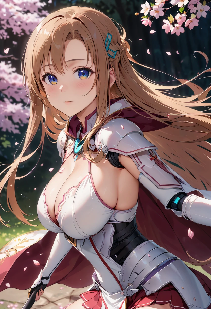 alone, 1 girl, Android Yuuki Asuna, keep, arms, Focus on women,  Cape, armor,Radiant Light, Handguard, sheath,  胸armor, full armor，Cherry blossoms bloom all over the ground，Background of falling cherry blossom petals　(((masterpiece)))， ((highest quality))， ((Intricate details))　(8k)