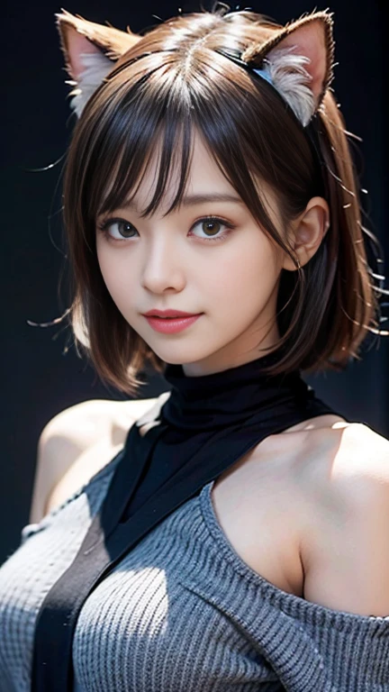 ((highest quality、masterpiece、High resolution))、(((Zoom photo of upper body)))、(A shy smile:1.2)、 female、Beautiful Skin、Beautiful Eyes、Big Breastsadband、Black off-the-shoulder sweater、Blonde Hair、Shorn bangs、Short Bob,transparent