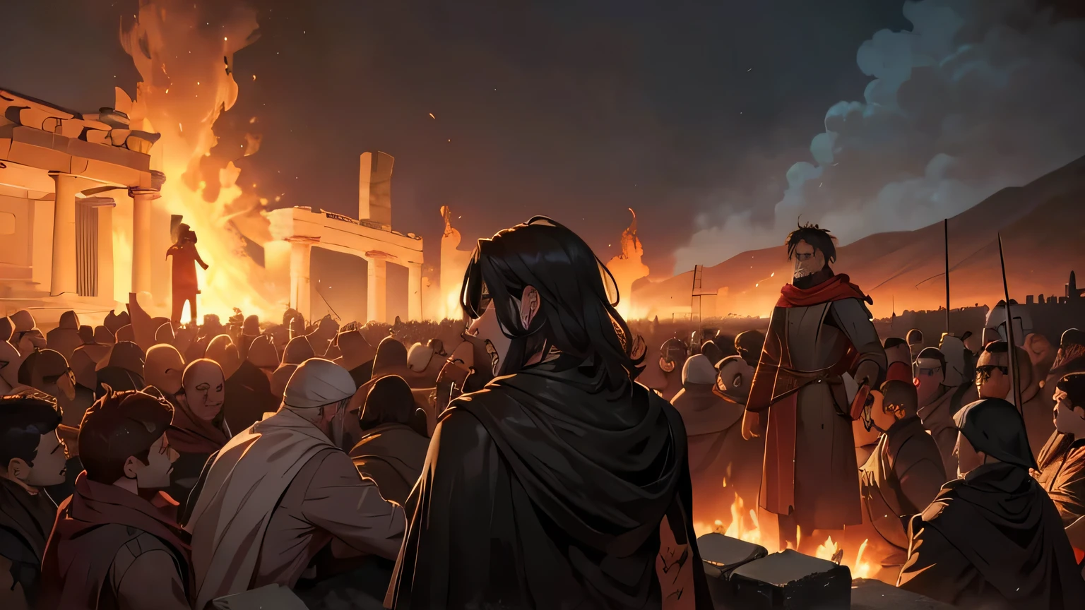 a burning of Christians in 1st century Greek city,terrified people tied to posts,screaming in agony,intense flames,smoke billowing,chaotic scene,dramatic lighting,dark moody colors,gritty realistic style,cinematic composition,masterpiece,best quality,8k,ultra-detailed,photorealistic,physically-based rendering,vivid colors