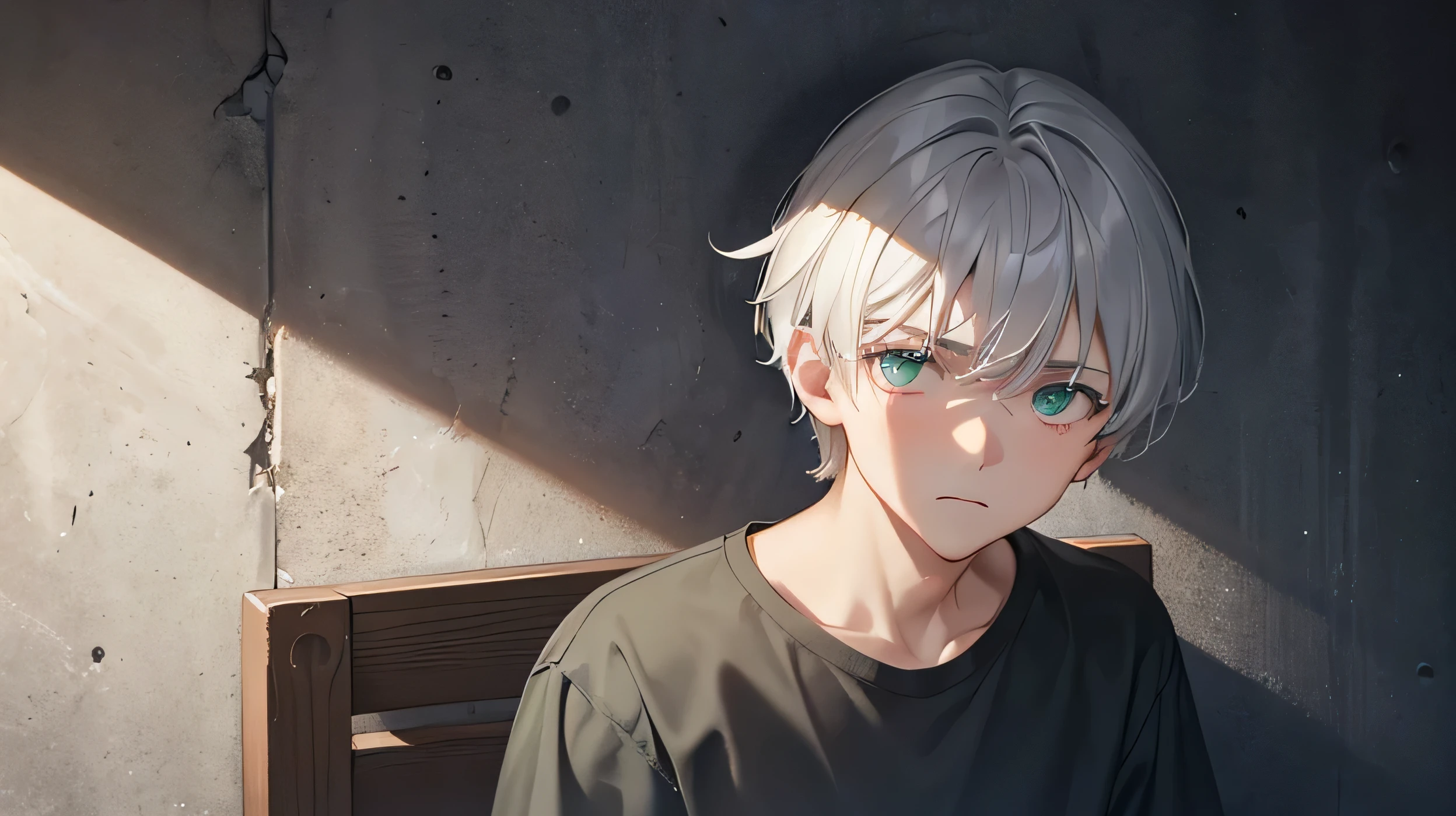 a close up person, a genuine gray-haired boy with a gloomy face without a pale expression in a shabby t-shirt sitting in the corner of the wall, looking up with a dead gaze looking at the point view but his green eyes are covered by his hair, sunlight shines in from the side darken the other side