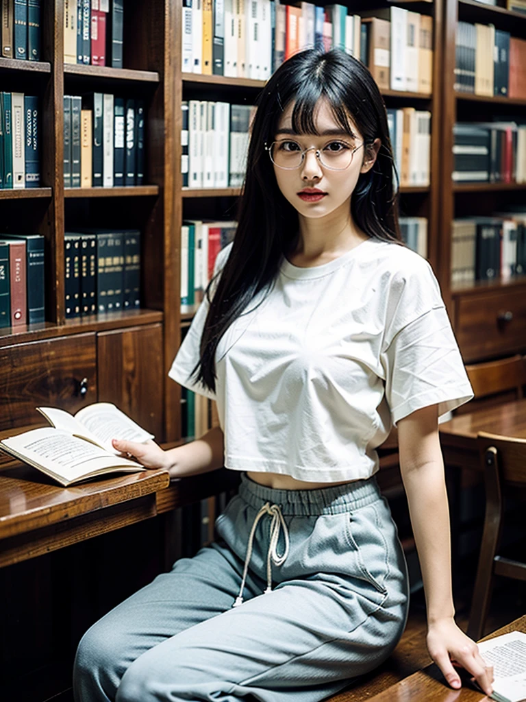 (Best quality, 8k, 32k, Masterpiece, UHD:1.2),Photo of Pretty Japanese woman, 1girl, (long dark black hair), bangs, double eyelid, large breasts, bad fashion, large white T-shirt, sweatpants, sitting in library, glasses, reading book, hands on table, upper body, holding book
