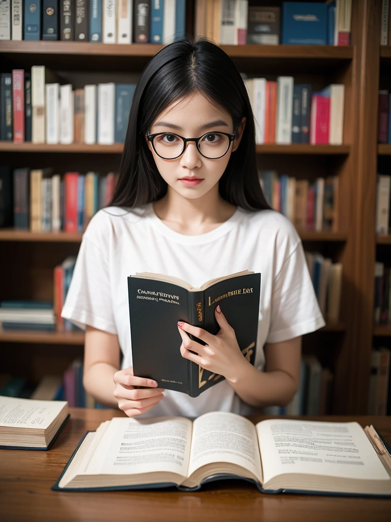 (Best quality, 8k, 32k, Masterpiece, UHD:1.2),Photo of Pretty Japanese woman, 1girl, (long dark black hair), bangs, double eyelid, large breasts, bad fashion, large white T-shirt, sweatpants, sitting in library, glasses, reading book, hands on table, upper body, holding book