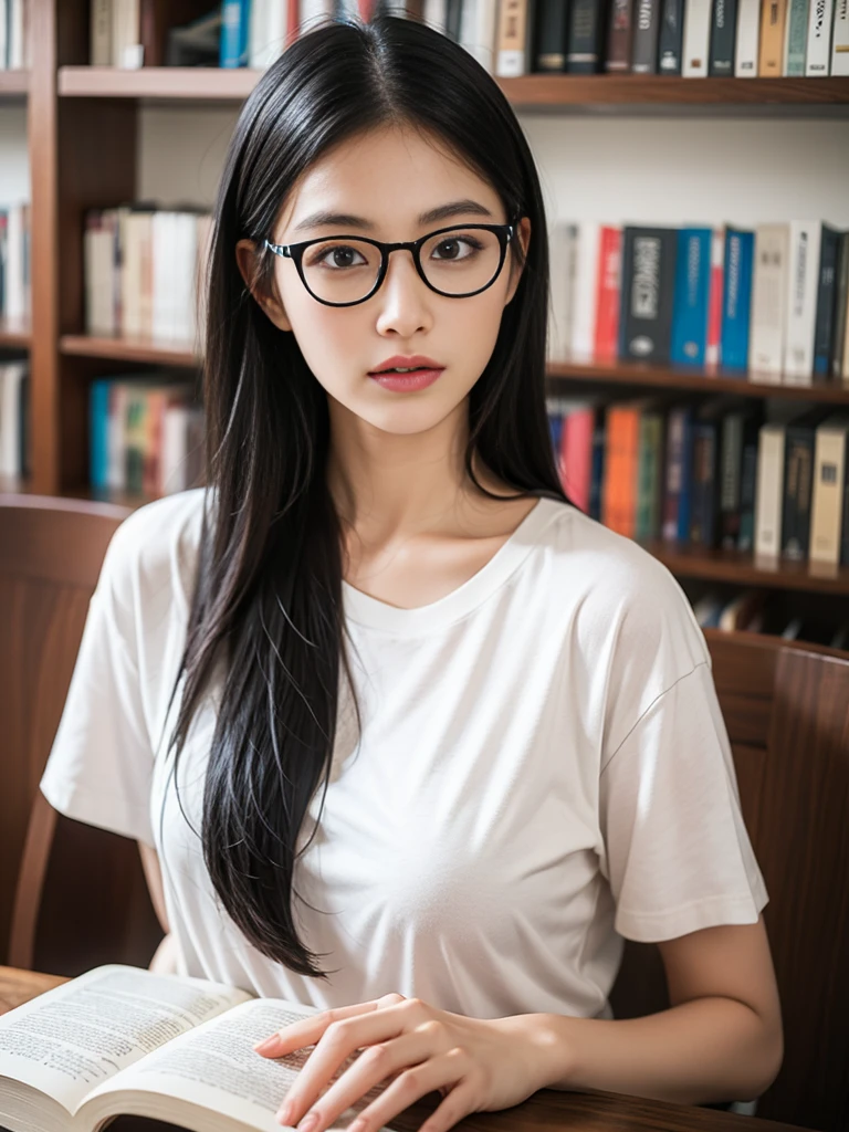 (Best quality, 8k, 32k, Masterpiece, UHD:1.2),Photo of Pretty Japanese woman, 1girl, (long dark black hair), bangs, double eyelid, large breasts, bad fashion, large white T-shirt, sweatpants, sitting in library, glasses, reading book, hands on table, upper body, holding book