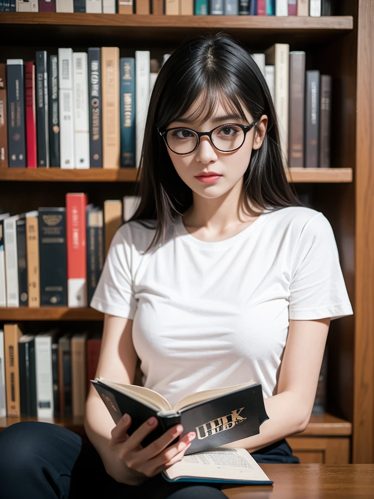 (Best quality, 8k, 32k, Masterpiece, UHD:1.2),Photo of Pretty Japanese woman, 1girl, (long dark black hair), bangs, double eyelid, large breasts, bad fashion, large white T-shirt, sweatpants, sitting in library, glasses, reading book, hands on table, upper body, holding book