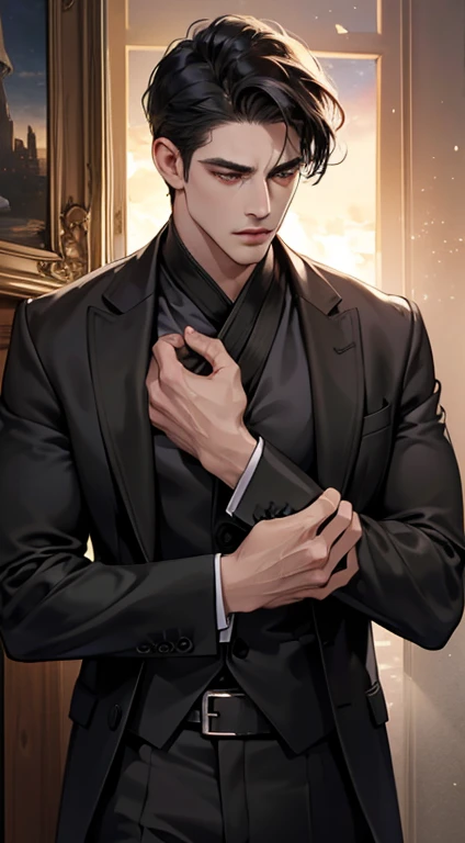 (best quality, masterpiece, 8K, photorealistic, cinematic lighting, hdr image, ultra detailed, beautiful image), 1 man, mature, very handsome, serious expression, short black hair, red eyes, arranging suit