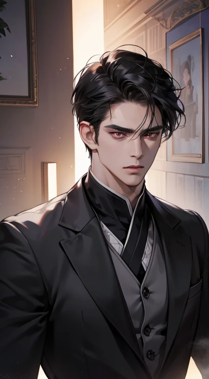 (best quality, masterpiece, 8K, photorealistic, cinematic lighting, hdr image, ultra detailed, beautiful image), 1 man, mature, very handsome, serious expression, short black hair, red eyes, arranging suit