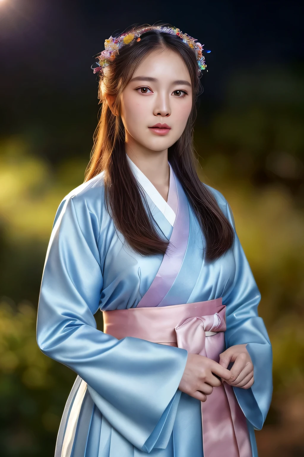 a young girl wearing a traditional Korean hanbok dress, standing in a lush garden at night, the moon shining overhead, a crown adorning her head, photographed from a dutch angle in a wide shot, (best quality,4k,8k,highres,masterpiece:1.2),ultra-detailed,(realistic,photorealistic,photo-realistic:1.37),HDR,UHD,studio lighting,ultra-fine painting,sharp focus,physically-based rendering,extreme detail description,professional,vivid colors,bokeh,detailed background,portrait,fantasy,ethereal,cinematic lighting,dramatic,chiaroscuro