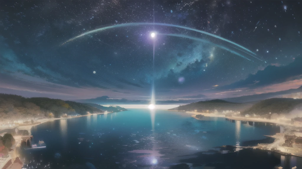 masterpiece, masterpiece, Super detailed, Meteors, comet, moon, Starry Sky, lake reflection, A dreamlike sight, colorful trees々, Anime CG, Exquisite image