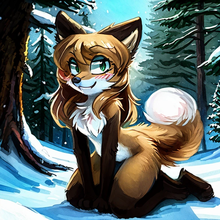 uploaded the e621, beautiful and detailed, woman (((female))) ((anthro)) Fox, (Averi, Fox girl), cinematic lighting, Fox, (anthro, fluffy fur), anthro fox girl, body fur, curvy, sexy, nice, cute, hot, comfortable anime-style cartoon-style, digital drawing, SFW, flat chest, chest fluff, blushing, green eyes, sassy, sassy hips, cute friendly smile, snow, forest, wet fur, heart, hearts, speech bubble, looking at viewer, close up, hugging viewer, petting, nuzzling viewer, on knees, two girls, Ross Tran, ruan jia, by Kenket