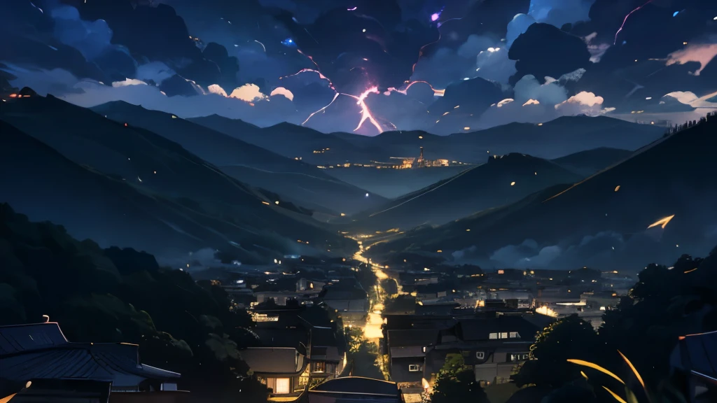Anime Style,evening,There is lightning、Heavy rain falling,Mountain々,Surrounded by gloomy clouds,Green fields and forests,Beautiful sky,Beautiful views