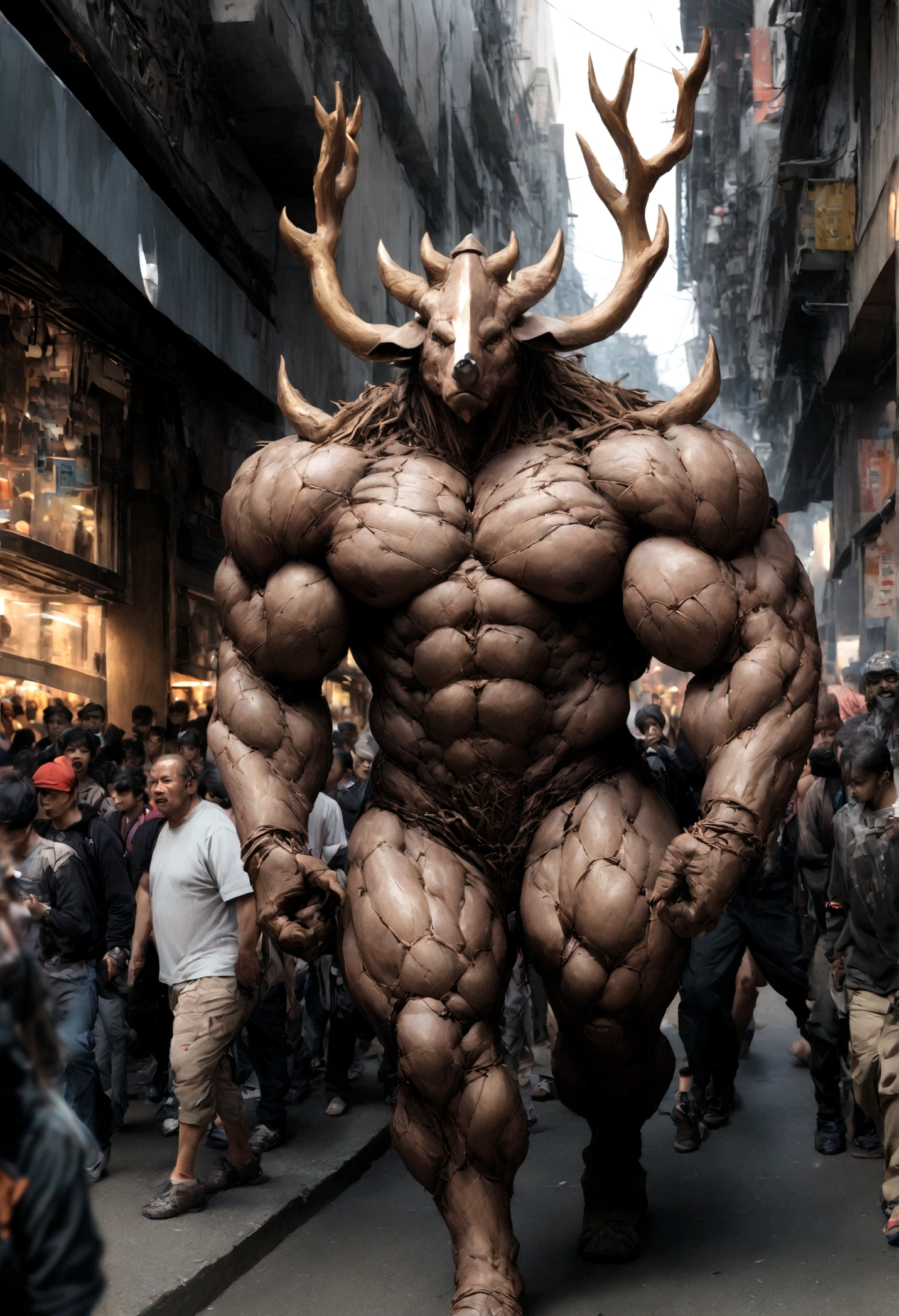 ((original photo)), ((masterpiece)), Anthropomorphic rhino in street clothes, walking among the crowd, Intricate details, Complex Greebles Works, The city behind it, Elk antlers, Muscular body, muscular arms, Small head, Scary ogres, Titan, Soft Light
