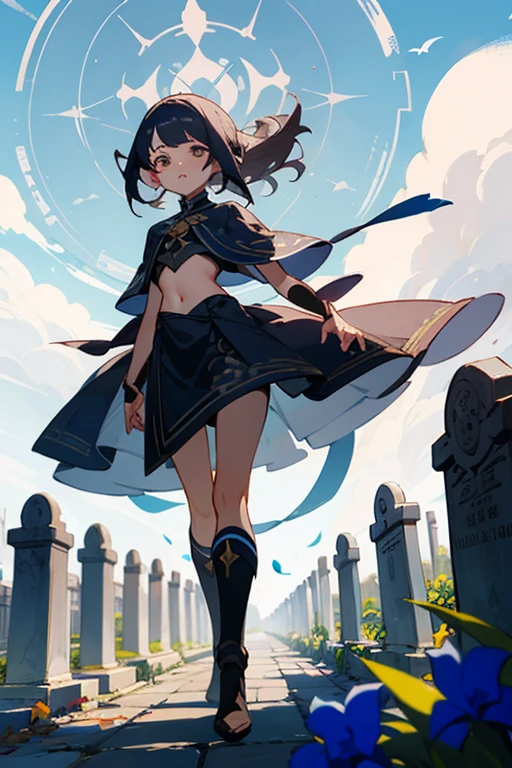 ((melhor qualidade)), ((Anime)), (detalhado), 1 mulher, barriga exposta, cabelo curto, cabelo preto, red irises, ombros expostos, vestido sem manga, saia preta, botas pretas, necromante linda, magic circle, walking through a cemetery, templo taoista abandonado ao fundo, luz do sol