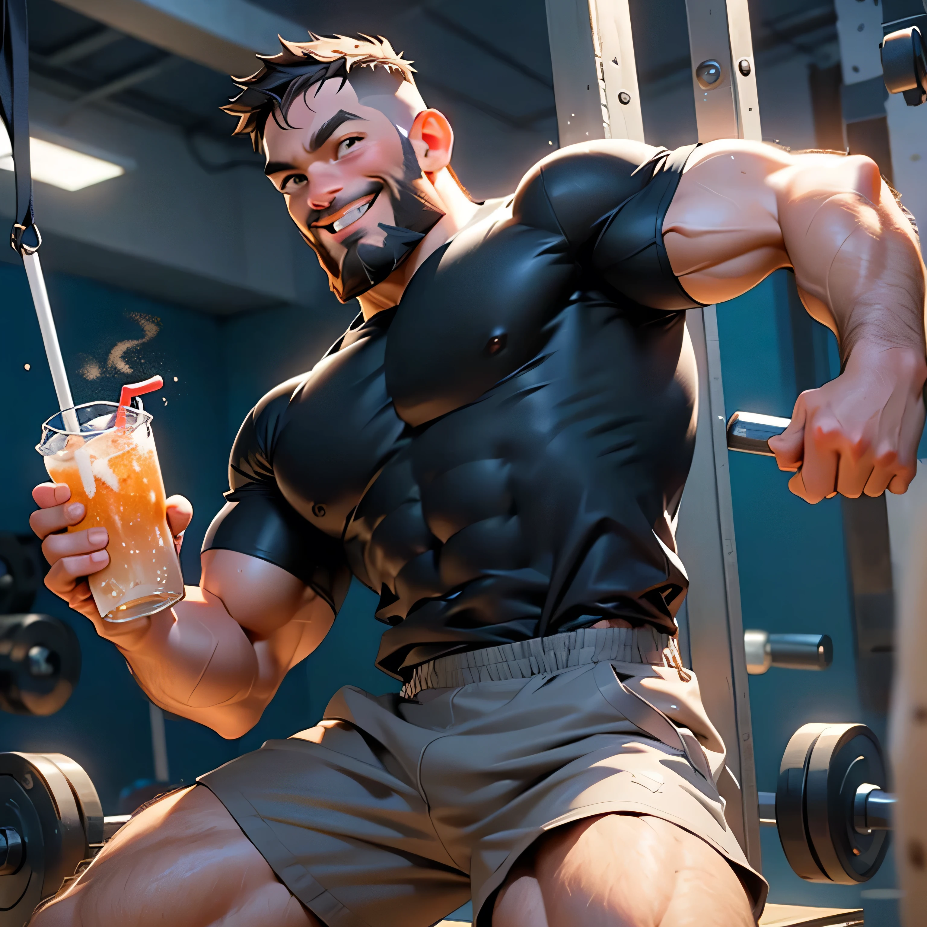 Bulky muscular man, cross fit, drinking soda, Middle age man , beard, dynamic pose, wearing black shirt and shorts, smiling, husky, dynamic angle, short grey hair, open arms, drinking a soda, fat, fist pump forward, cross fit gym background