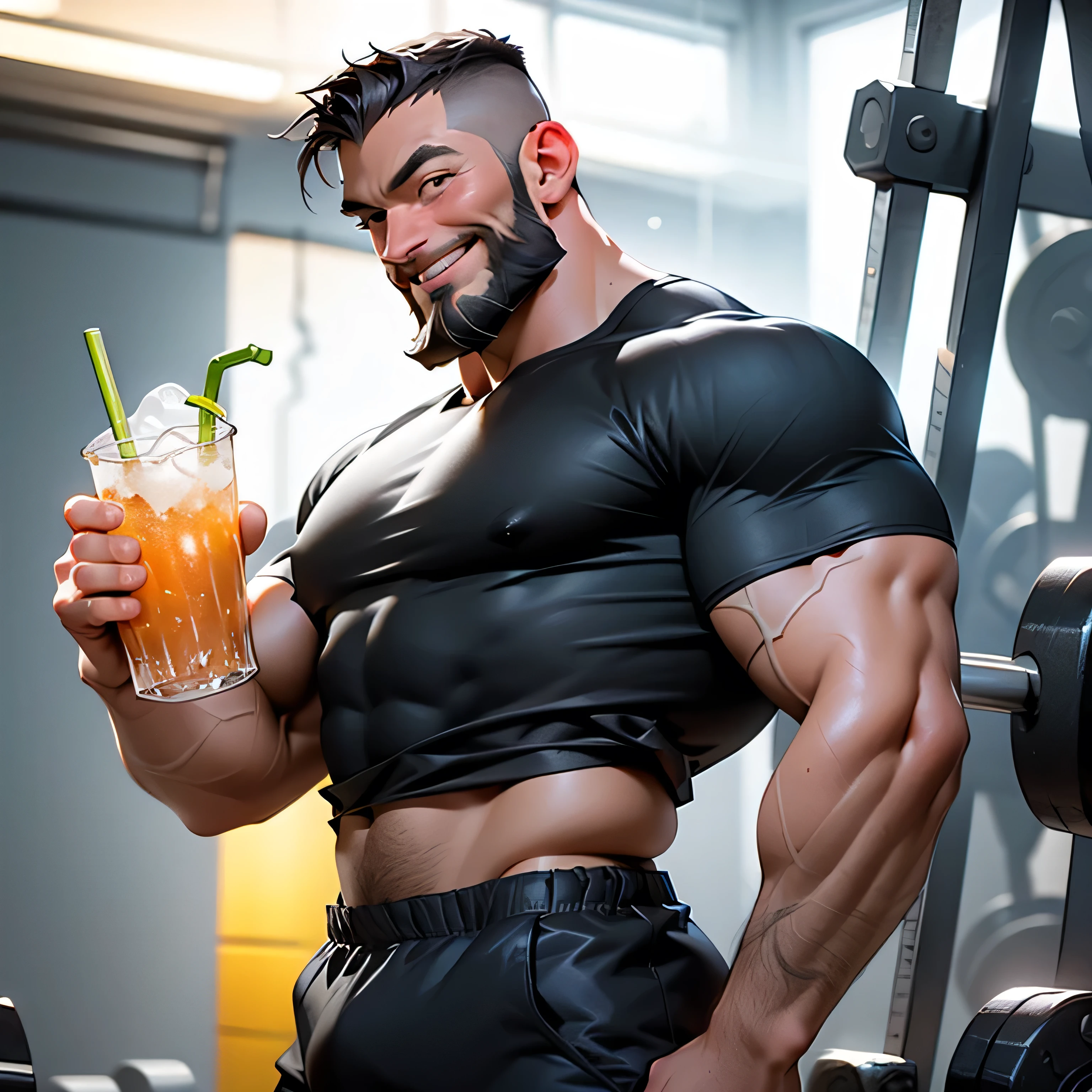 Bulky muscular man, cross fit, drinking soda, Middle age man , beard, dynamic pose, wearing black shirt and shorts,  smiling, husky, dynamic angle, short grey hair, open arms, drinking a soda, fat, fist pump forward, cross fit gym background