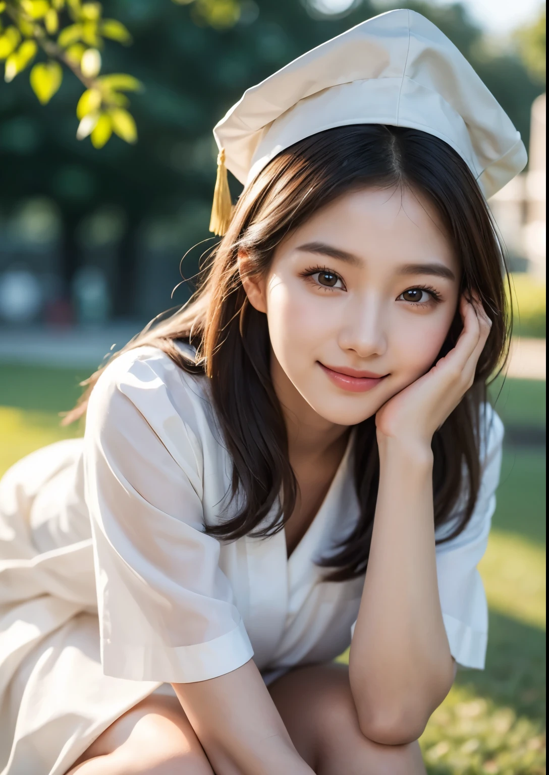a beautiful 18 year old korean girl in a university costume with an above knee length dress, graduation taking costume, graduation cap, detailed face and eyes,flawless skin,long hair,elegant pose,beautiful detailed dress with intricate patterns,outdoor campus setting,golden hour lighting,vibrant colors,cinematic lighting,epic scale,highly detailed,photorealistic,masterpiece, beautiful face, realistic face, realistic skin, realistic smile, realistic atmosphere, every thing is realistic, cutest smile, realistic body, realistic body language, mouth watering beauty, upper body shot, cute face, stylish look, stylish angles, tempting eyes, realistic hands, realistic arms, realistic hand fingers, realistic legs