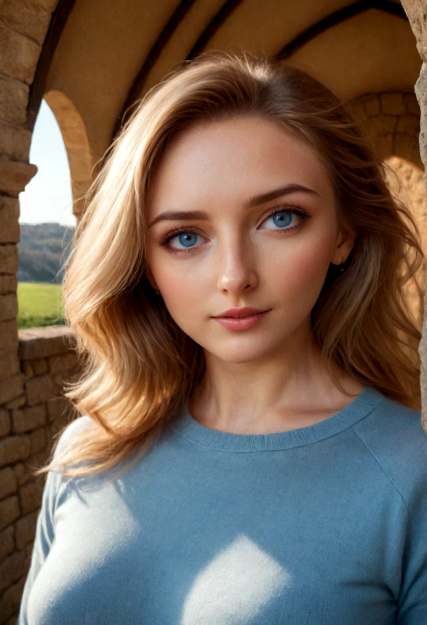 1 woman realistic, American, beautiful, (selfie, happy), Ancient stone walls and gothic arches backlight, Tent Open Sign, Masterpiece, Best Quality, Ultra-detailed, Solo, exteriors, Nature (timeless elegance), cheerful, happy, Cosy in a chic, modern outfit contrasting with the old-world charm, Inside the tent , shadowy contrasts, a mysterious atmosphere, analog style, looking up at viewer, skin texture, film grain, warm hue, warm tone, close-up, Cinematic light, Sidelighting, ultra-Highres, best shadows, wearing an elegant pullover, Relaxed and intimate photos, with blue eyes , with long blond hair.