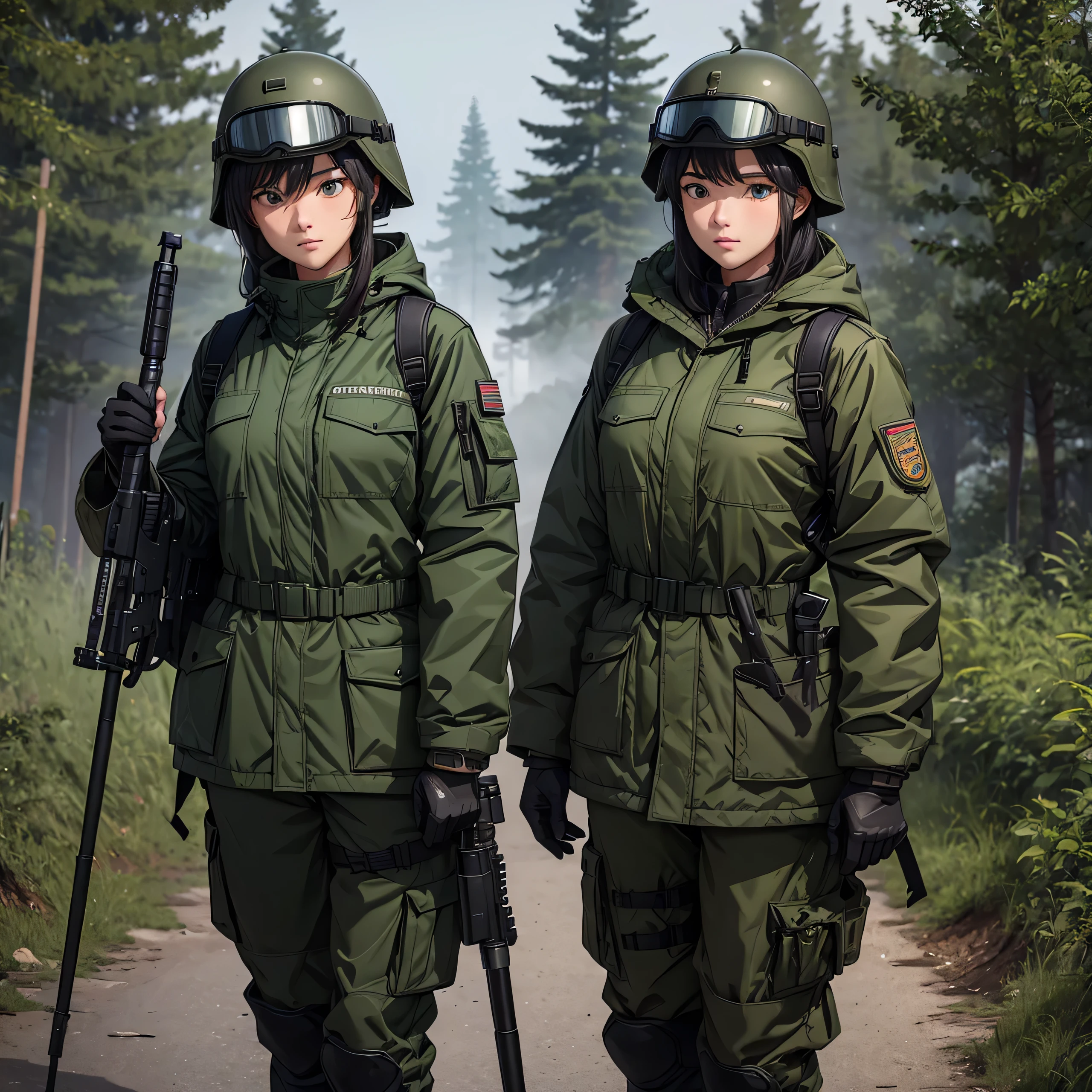Two female soldiers standing side by side、Wearing dark green M-51 parka、Dark green military pants、Wear a steel helmet、Wear goggles、Individual equipment set、Show above thigh、Write details、masterpiece、best quality、Highly detailed CG、8K picture quality