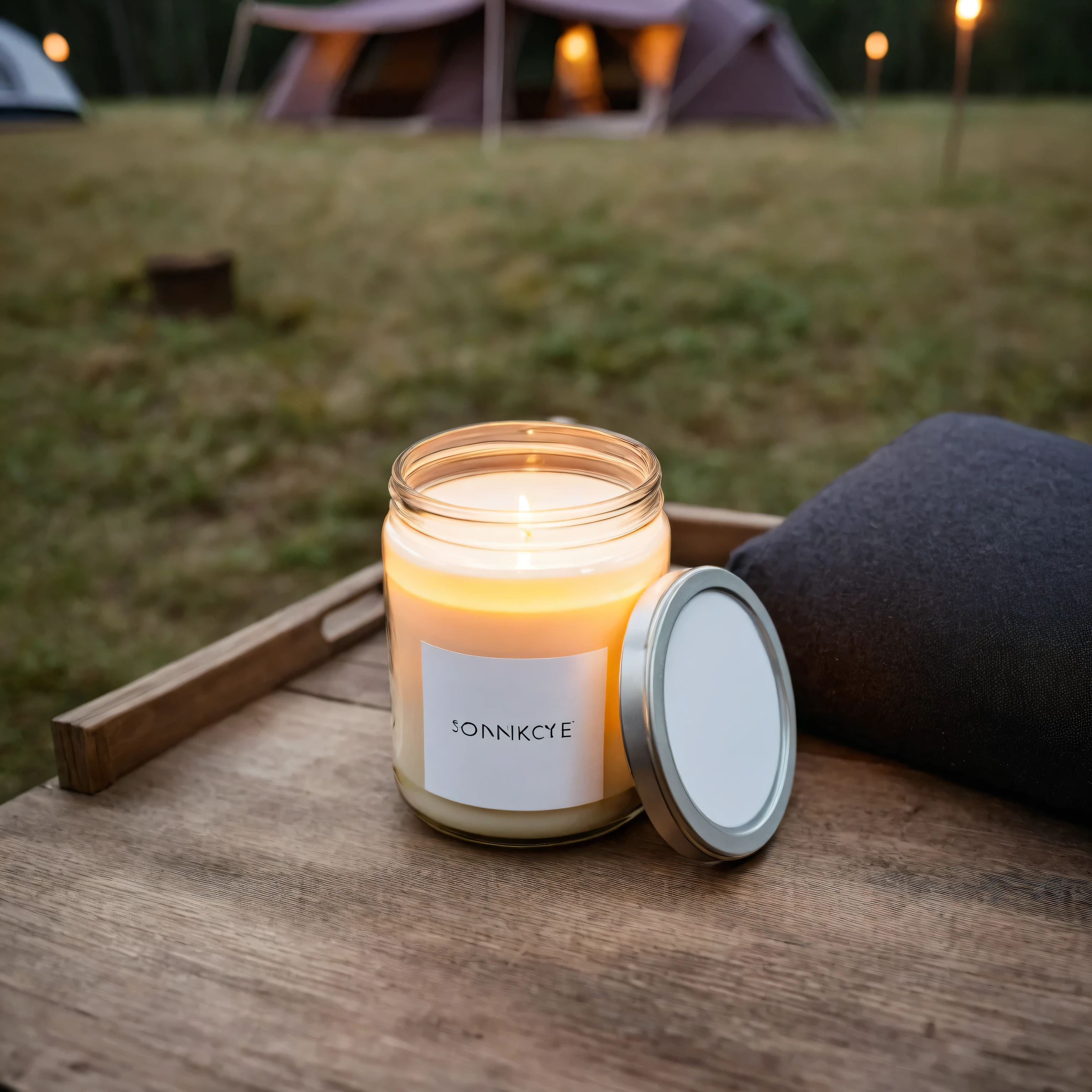 Mockup empty, a blank small beige candle in a jar with white label and black lid standing on a picknic table with outdoor camping in the background, evening,, sony 17 camera, 50mm lens, atmospheric lighting