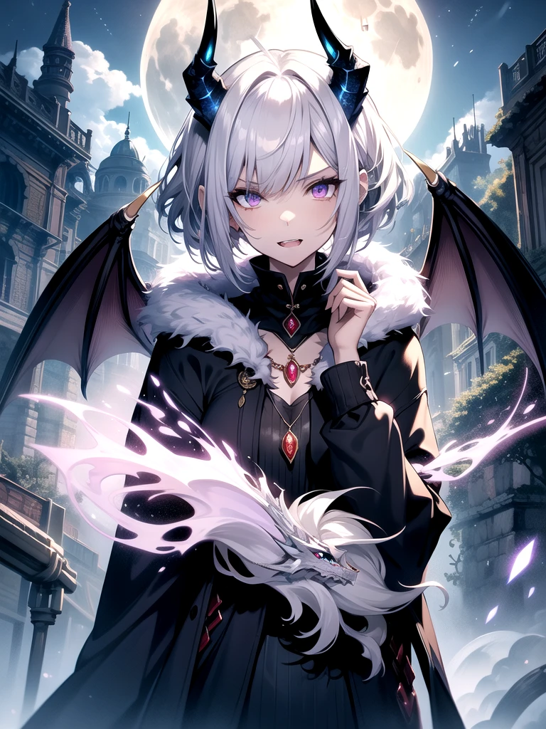 woman, Highly detailed, human ears, very short hair, white hair, wavy hair, ornate dress, pale lavender eyes, bright glowing eyes, fangs, dragon eyes, blue gem necklace, slender, dragon wings, small-medium chest, dragon horns, masterpiece, under the moon, happy, eyes wide open, fire magic, grey cloak