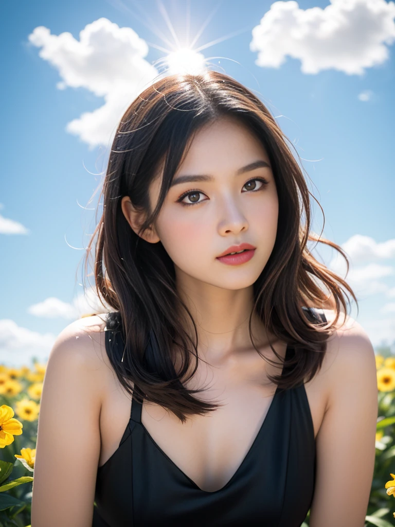 ((Best Quality, 8K, Masterpiece:1.3)), A beautiful girl, pure, melon face, gentle and cute, thin figure, facing right, head to right, lips closed, upper body leaning forward, [plaid skirt::0], [microskirt::0], pleated dress, print dress, negligee, loungewear, black silky long hair, round black big eyes, clear big eyes, moist red lips, sweet, sitting, blue sky and white clouds, sunlight, flower background,