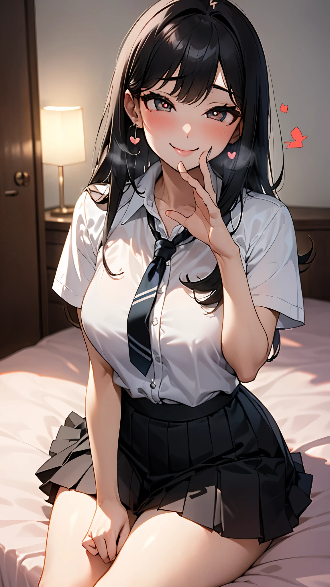 (masterpiece、masterpiece,highest quality,High resolution,Very detailed), Detailed Background、Detailed people、Background blur, (((( Perfect Fingers ))))

Fancy earrings、Black pleated skirt、White shirt,Short sleeve,Light green loose tie、High school girl uniform,  Shiny black stockings,(black 靴:1.4),indoor,

((Heart-shaped pupils:1.3, Blowjob Gestures:1.5))、Open your mouth ,Sitting, On the bed , ((((Open your mouth))))、Sharp Eye、Deep double eyelids、Long eyelashes、Heavy breathing ,Put your hand in front of your mouth,Put your hand in front of your mouth, (((((  Captivating smile ))))),

(night:1.8, Black dark room:1.5, Dim lighting:1.5, Japanese love hotel bedroom:1.6, Sexy Room)