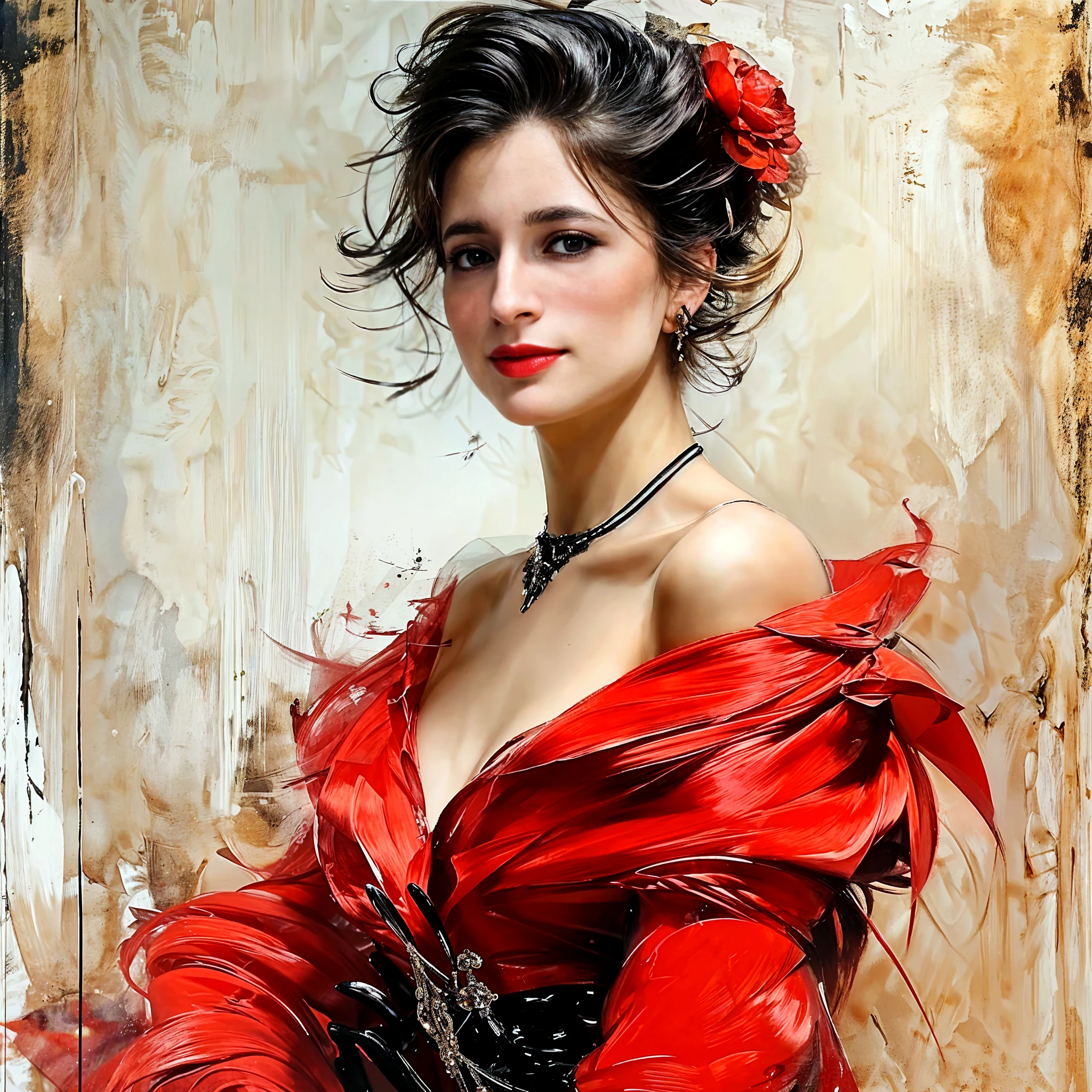 Watercolor painting, highest quality, 8K, flamenco dancer, 20 years old, black and red, fantastic, dynamic,