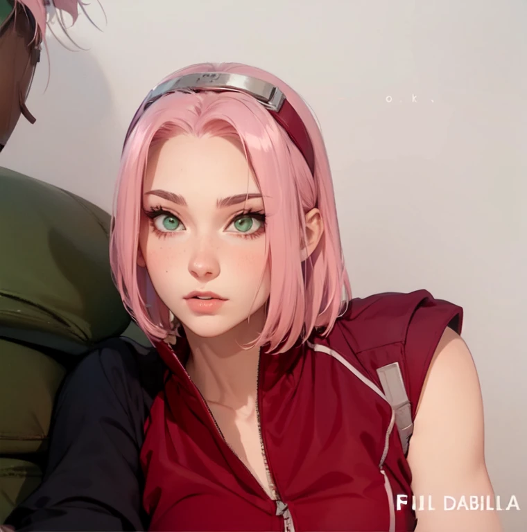 young woman, short shoulder-length pink hair, wide forehead, porcelain skin, pink eyebrows, big emerald green eyes, buttoned nose, full lips, heart-shaped face, slender body, small breasts, red tank top, Sakura Haruno , realistic, realism, details, 3d, well detailed
