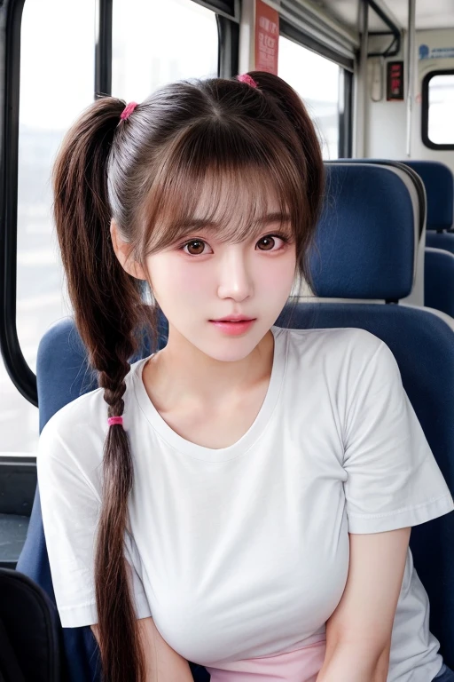 1 girl、masterwork、maximum quality、Realstic、ponytails、16歳、((schoolswimsuit))、Charming eyes、On the bus、Sitting in a chair、(s asleep)、(Ocean view window)、extremely detailed