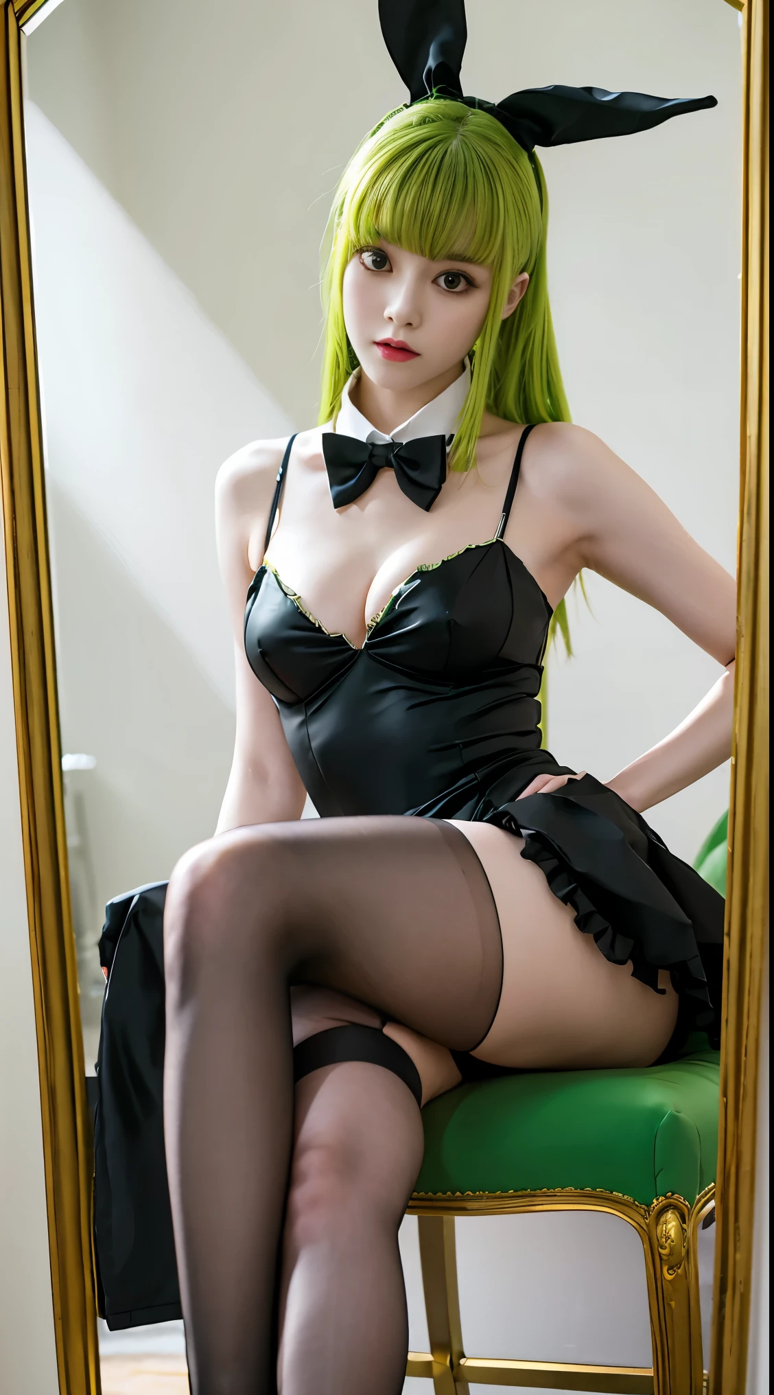 highest quality　masterpiece　8K Ultra-detailed Face　Beautiful woman with yellow-green hair　Black bunny girl costume　High leg　Black bow tie　Selfie　Mirror photo　Reflected in the mirror