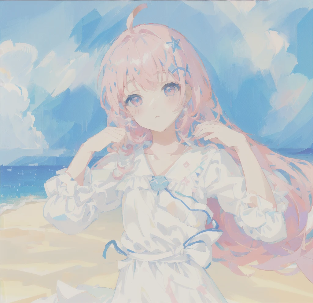 Anime Girl in a white dress with pink hair and a blue sky, At the beach上, At the beach, Produced in collaboration with Anime Painter Studio, At the beach, In the anime painter studio, Zero Art, Digital Art on pixiv, At the beach上, in the sea, pixiv, By New Art, On pixiv, (Anime Girl)